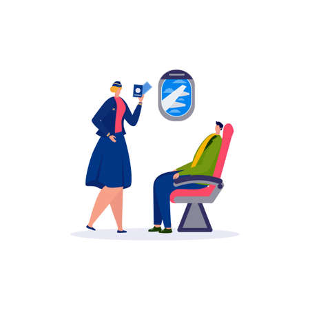 Vector ilustration stewardess in their uniform and a passenger in an airplane seat. Male and female character, professional airplane staff. Woman stewardess serving passengerのイラスト素材