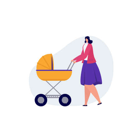 Cute young woman walking with Newborn Kid in stroller spending Time Outdoor during. young mother concept. vector illustration.のイラスト素材
