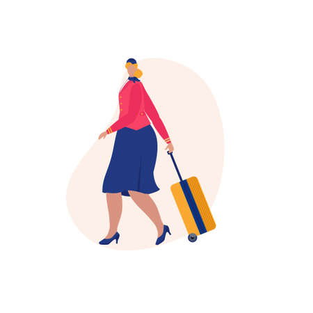 Air hostess or flight attendant presenting her company services. Air hostess in uniform with red neckerchief. Isolated flat vector illustrationのイラスト素材