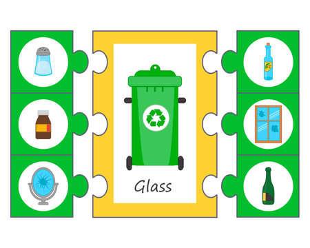 Game for kids. Puzzle. Waste sorting concept. Sort garbage by type. glass. Educational activity for kids and toddlers.のイラスト素材