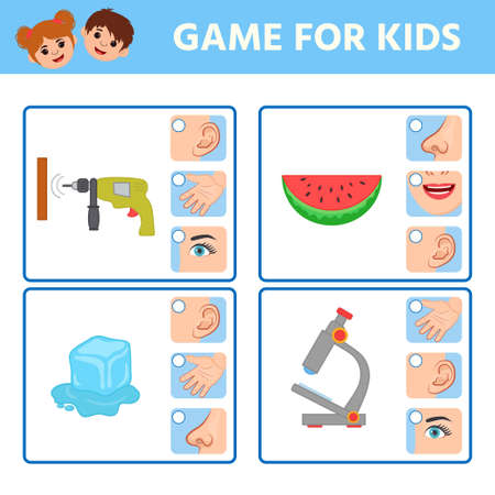 Game for children to develop logic. Five sense illustrations. Sight, hear, smell, taste, touch. Match of sense and organs objects.Activity for pre school years kids and toddlers.のイラスト素材