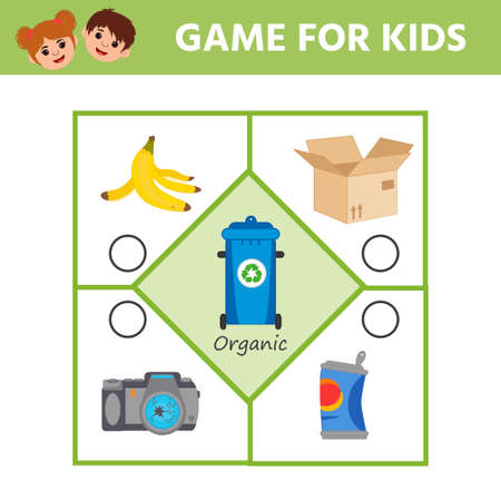 Game for kids. Puzzle. Waste sorting concept. Sort garbage by type. Organic. Educational activity for kids and toddlers.のイラスト素材