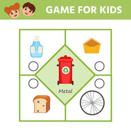 Game for kids. Puzzle. Waste sorting concept. Sort garbage by type. Metal. Educational activity for kids and toddlers.のイラスト素材