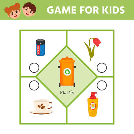 Game for kids. Puzzle. Waste sorting concept. Sort garbage by type. plastic. Educational activity for kids and toddlers.のイラスト素材