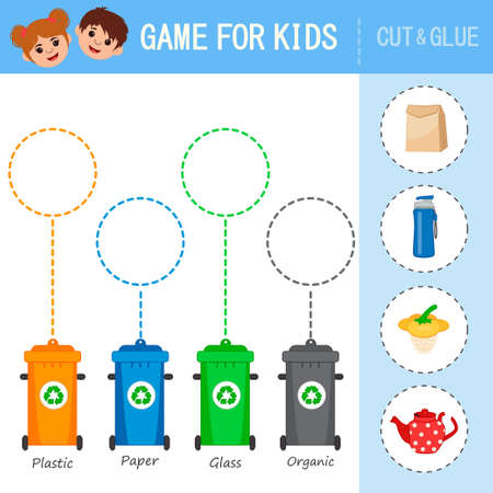 Games for kids. Sort garbage into containers - glass, plastic, metal, paper, organic, E-waste. Eco and environment friendly education. vector illustrationのイラスト素材