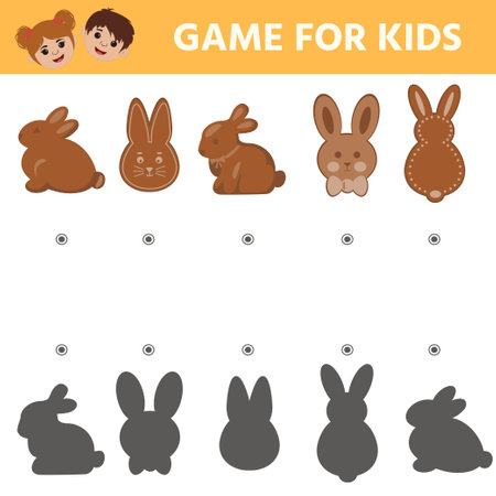 Education logic game for kids. Easter gingerbread. Printable worksheet vector illustration. Childre Gingerbread cookies in the form of rabbits, bunny faces. Find the correspondence of the picture with the shadow. Children funny riddle entertainmentのイラスト素材