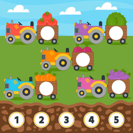 Match game for kids. Counting from 1 to 5. Count the vegetables in the tractor. Children funny education riddle entertainment and amusement. vector illustrationのイラスト素材