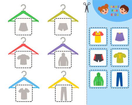 Education game for children with clothes. Find and hang clothes on a hanger. Kids learning material. preschool worksheet activity. Children funny riddle entertainment. vector illustrationのイラスト素材