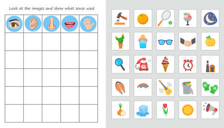 Educational worksheet for kids. Game for Kids. Match of senses organs and objects. Hearing, vision, sense of smell, touch. logic puzzleのイラスト素材