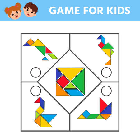 Educational logic kids game. Tangram. Puzzle. Printable worksheet for kids brain teaser book. Development of children spatial thinking skills. vector illustration.のイラスト素材