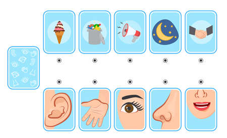 Game for kids. Cards. five senses. Sight, touch, hearing, smell and taste. preschool worksheet activity. Match of sense organs and objectsのイラスト素材