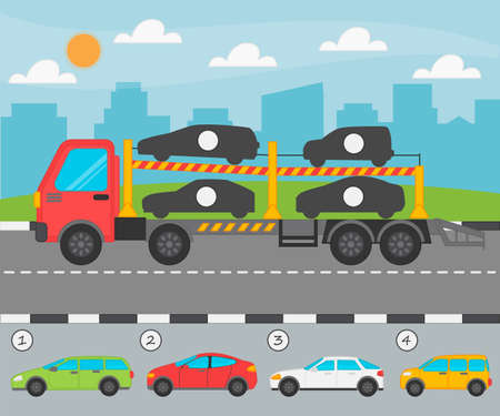 Game for kids. Find by the shadow what cars the loader is carrying. Children funny education riddle entertainment and amusement. vector illustrationのイラスト素材