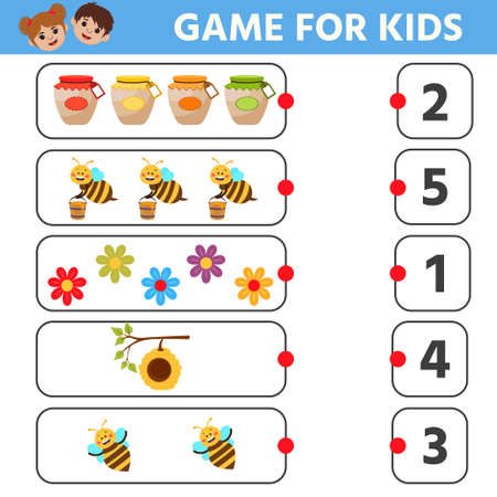Educational math children game. Bee, honeycomb. How many Count from 1 to 5. Printable worksheet for kids brain teaser book. vector illustration.のイラスト素材