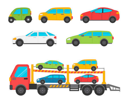 Truck semi-trailer for transportation of car. Set different types of cute cars. Vector illustration for kids cardのイラスト素材