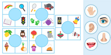 Matching children educational game. Puzzle. Match of sense organs and objects. Activity for preschool years kids and toddlers. vector illustrationのイラスト素材