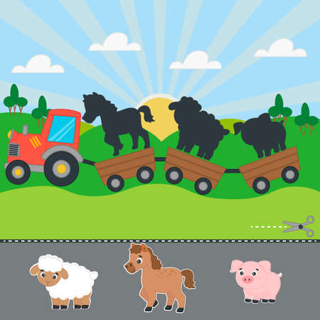 Game for kids. Farm. The tractor carries a pig, a foal, a sheep. cut and glue. worksheet for children. Activity for preschool years kids and toddlers.のイラスト素材