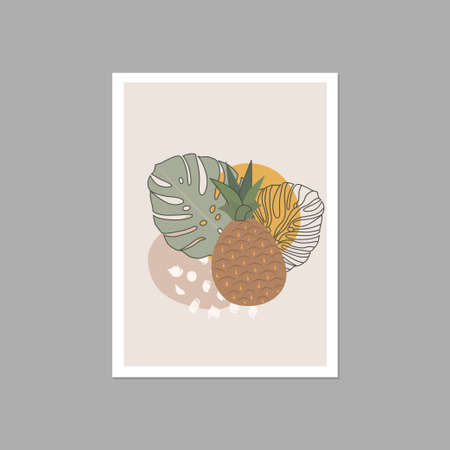 Modern aesthetic posters in pastel colors with pineapple and abstract modern leaf. Vector design for posters, wall framed prints, greeting cards, packaging and moreのイラスト素材