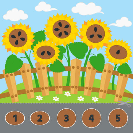 Kids learning material. Of Match By Count Exercise. Sunflowers. worksheet for children. Activity for preschool years kids and toddlers.のイラスト素材