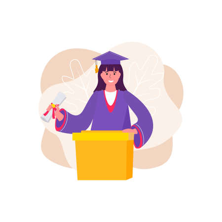 Happy graduated woman in traditional graduation gown and cap. Graduate ceremony. Educated university or collage graduating female character. vector illustrationのイラスト素材