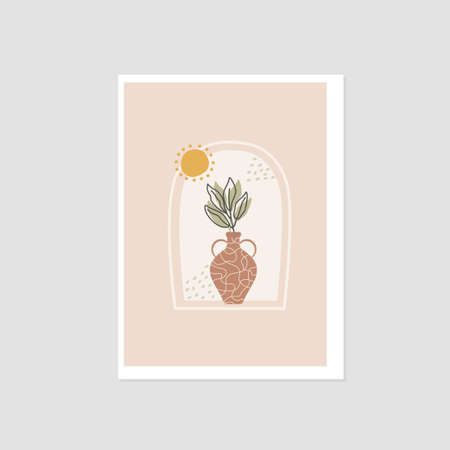 Abstract modern vase with leaf. boho poster. Minimal trendy art vector illustration , posters, invitation, greeting cardのイラスト素材