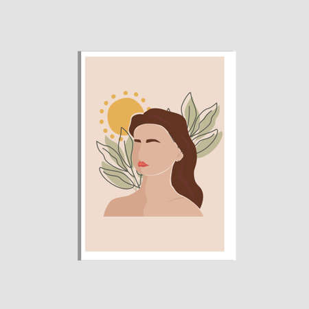 Abstract modern woman with leaf abstract art backgrounds. Boho poster with beige background. Minimal trendy art vector illustration , posters, invitation, greeting cardのイラスト素材
