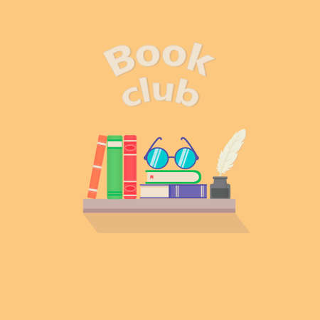 Shelf book with stack of books and glass, feather. Vector template for book club or bookshop advertising, promo , prints, flyer, cover, and posters.のイラスト素材
