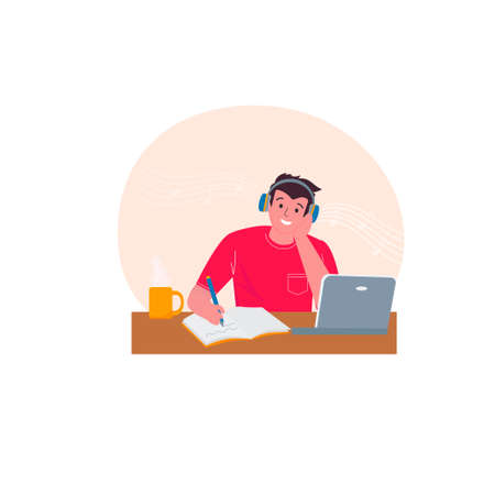 Young man listening to music or audio book in earphones. music therapy. vector illustration.のイラスト素材