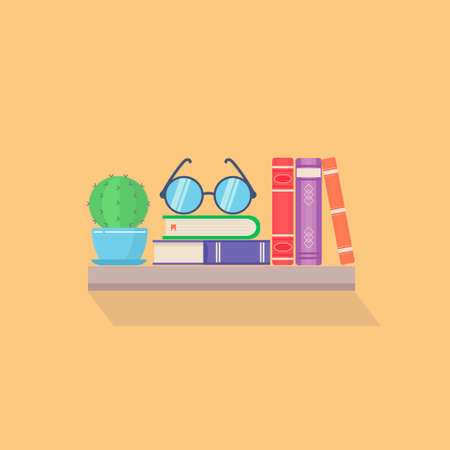 Bookshelf with colorful books and cactus on light yellow wall background. Vector illustration, greeting card book club, library.のイラスト素材
