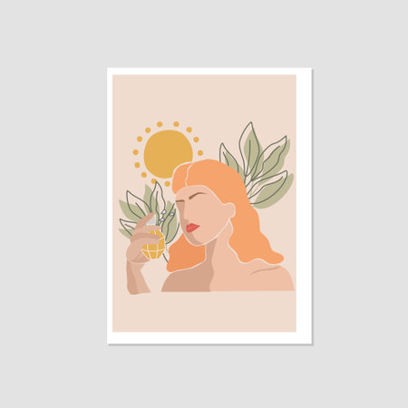 Abstract woman portrait with perfume in pastel colors in minimalistic boho style. Poster. vector art illustrationのイラスト素材
