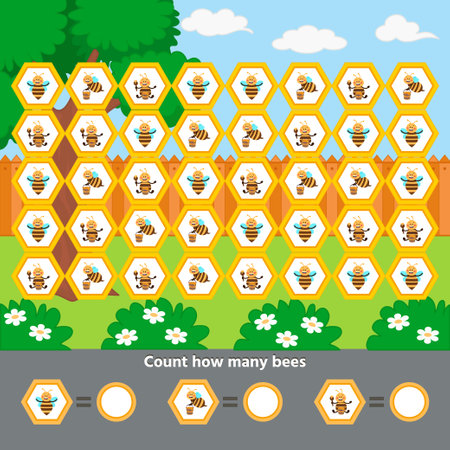 Game for kids with cute bees. Learn count. Activity Worksheet for kids learning forms. vector illustrationのイラスト素材