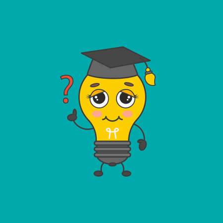 Cute funny bulb icon. Lightbulb, insight, eureka, question mark concept. Vector cartoon character illustrationのイラスト素材
