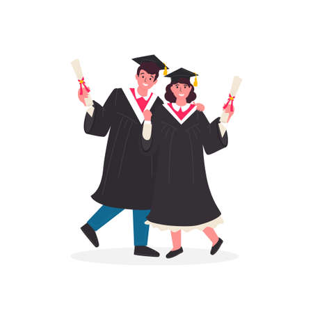 Happy graduated students wearing academic gown hold diplomas in their hands. The guy and the girl graduated from the university. Vector illustration for banner, poster, web page, greeting cardのイラスト素材