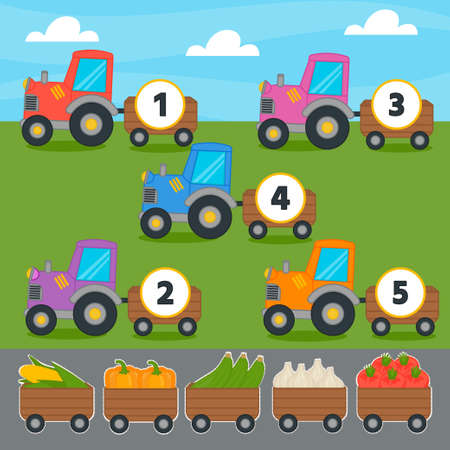 Math game for kids with stickers, stickers. Counting from 1 to 5. Count the vegetables in the tractor. Children funny education riddle entertainment and amusement.のイラスト素材