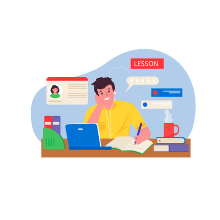 Young man at the desk engaged online lesson through the headphones with a teacher. Online lesson, E-learning, webinar, seminar, courses on the Internet, distance education concept. vector illustrationのイラスト素材