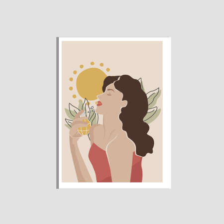 Abstract woman portrait with perfume in pastel colors in minimalistic boho style. Poster. vector art illustrationのイラスト素材