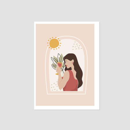 Abstract modern woman with a glass of wine in hand. Boho poster with beige background. Minimal trendy art vector illustration for logo, posters, invitation, greeting cardのイラスト素材
