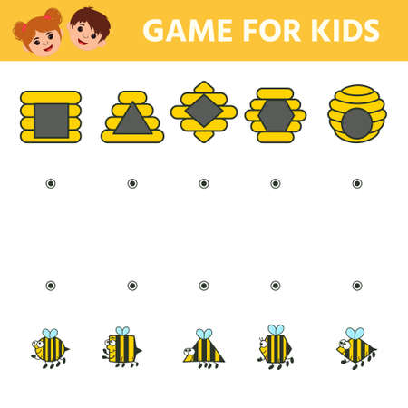 Children's matching educational game with cute bees. Find the hive where the bee flies. Learning geometric shapes for kids. vector illustrationのイラスト素材