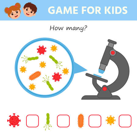 Children's matching educational game. Count the bacteria and viruses under a magnifying glass the microscope. medicine theme. vector illustrationのイラスト素材