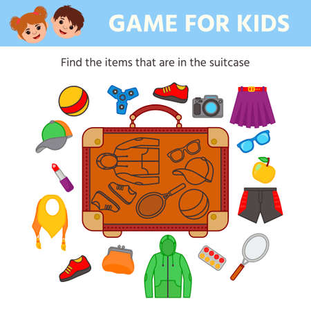 Children's matching educational game. clothing objects. Find the items that are in the suitcase. vector illustration. Worksheetのイラスト素材