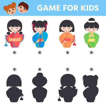 Game for preschool kids. Find the correct doll shadow japanese kokeshi doll. printable worksheet. vector illustrationのイラスト素材