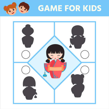 Game for preschool kids. Find the correct doll shadow japanese kokeshi doll. printable worksheet. vector illustrationのイラスト素材