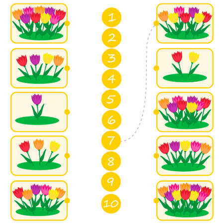 Math education for children. Count from 1 to 10. Flowers in the flowerbed. Education logic game for preschool kids. vector illustrationのイラスト素材