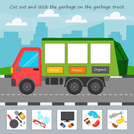 Game for kids. Educational children activity. Ecology theme. What kind of trash the garbage truck carries, cut and glue. Separate collection of waste in garbage cans. Worksheetのイラスト素材