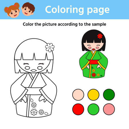 Game for preschool kids. Color by sample japanese kokeshi doll. printable worksheet. vector illustrationのイラスト素材