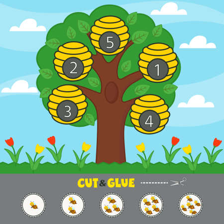 Children's matching educational game with cute bees. Cut and glue the bees through the hives. The score is from 1 to 10. Vector illustrationのイラスト素材