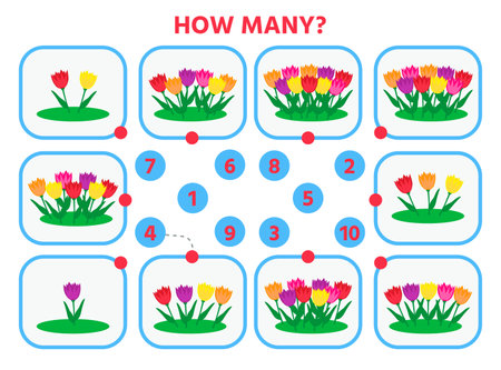 Math education for children. Count from 1 to 10. Flowers in the flowerbed. Education logic game for preschool kids. vector illustrationのイラスト素材