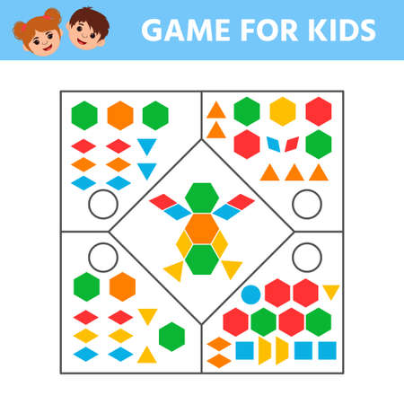 Education logic game for preschool kids for the development of logical thinking. Connect the details and colorful geometric shapes. preschool worksheet activity. Children funny riddle entertainmentのイラスト素材