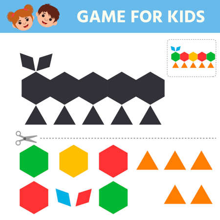 Education logic game for preschool kids. Connect the details and animals of geometric shapes. preschool worksheet activity. Children funny riddle entertainment. vector illustrationのイラスト素材