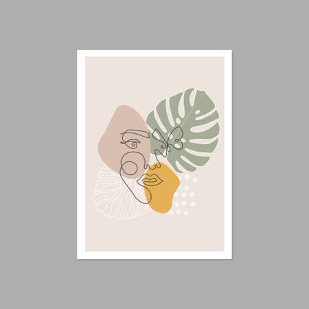 Vector abstract female portrait in simple trendy style isolated on pastel background. Woman face portrait with plants in continuous line style for poster, wall artのイラスト素材