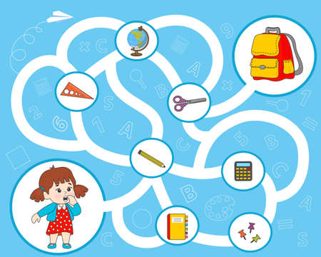 Game for kids. Maze. Pack your school supplies into a bag. activity book. vector illustrationのイラスト素材
